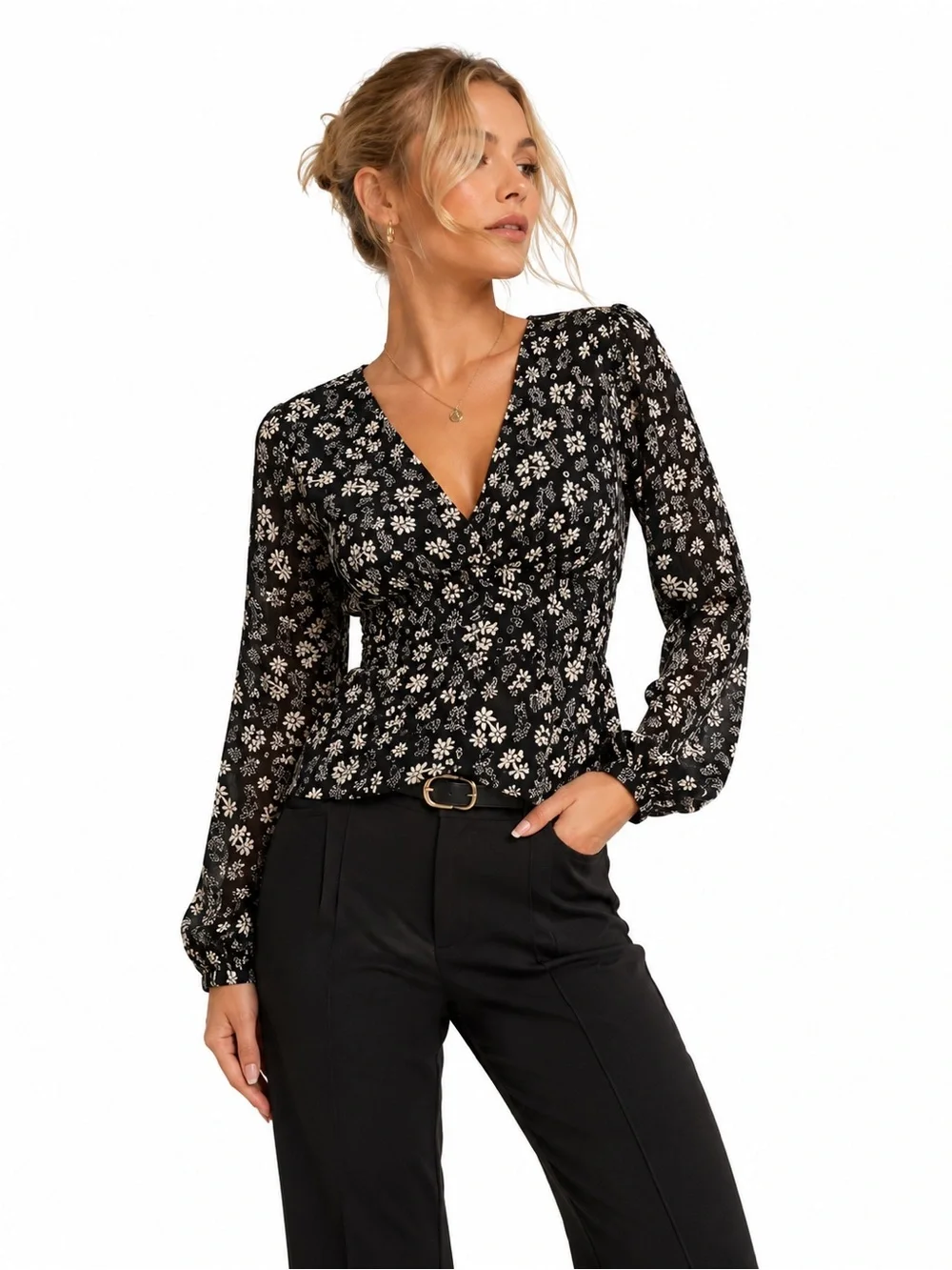 ASTR The Label Black Floral Ruched Peplum Blouse Long Sleeve V-Neck Women’s XS